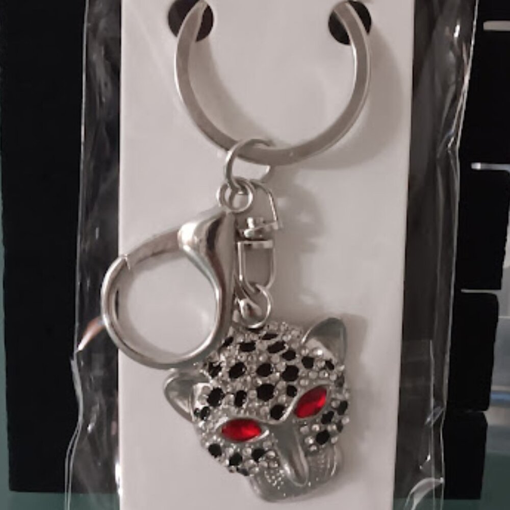 MINT Cheetah Silver Black Enamel Red & Clear Crystals Purse Charm Key Chain**NEW